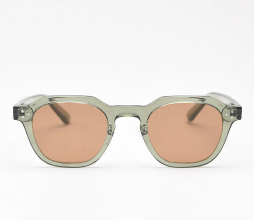 Juniper sunglasses in translucent sage green with warm brown lenses