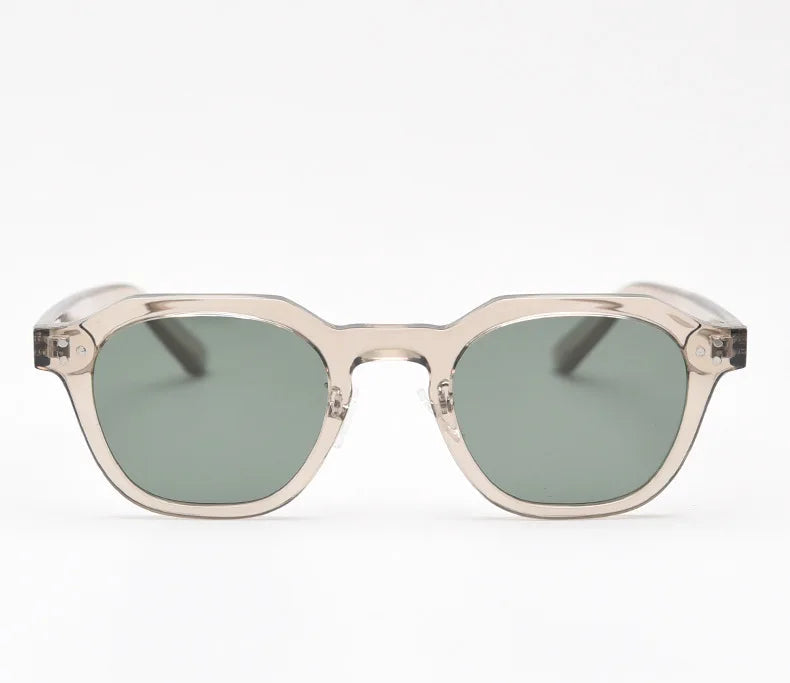 Cypress sunglasses in translucent smoke taupe with bottle green lenses